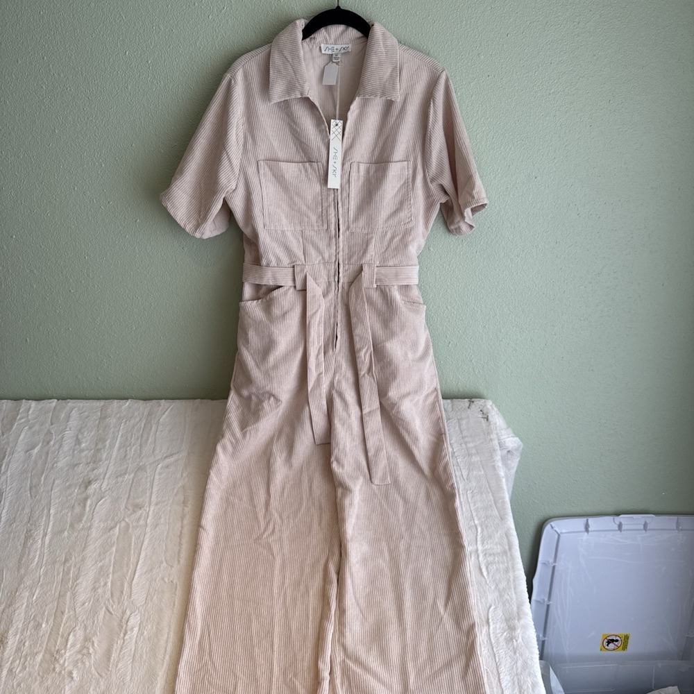 She & Sky Women's Front Zip Belted Belted Jumpsuit With Pockets M Workwear